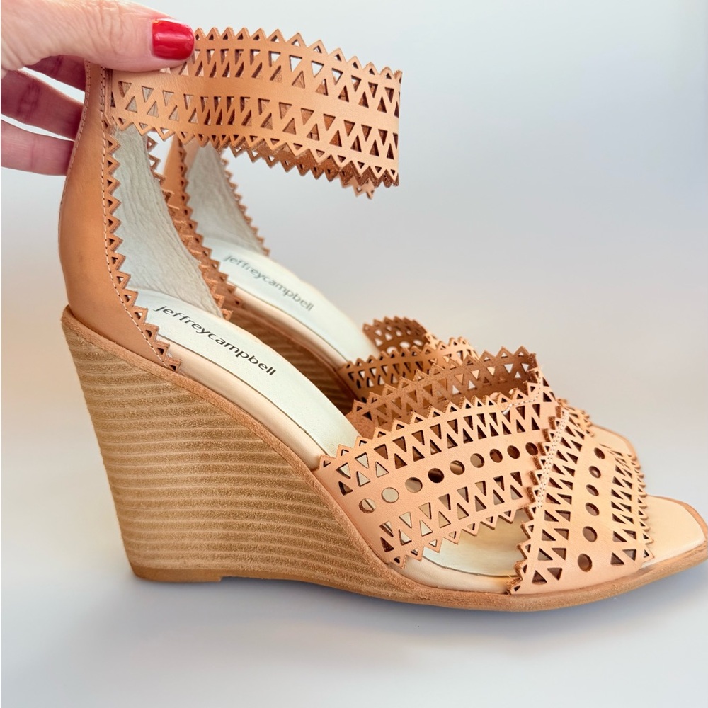 Jeffrey Campbell Laser-Cut Wedge Sandals – Nude/Tan – Size 10 – NEW (Never Worn)